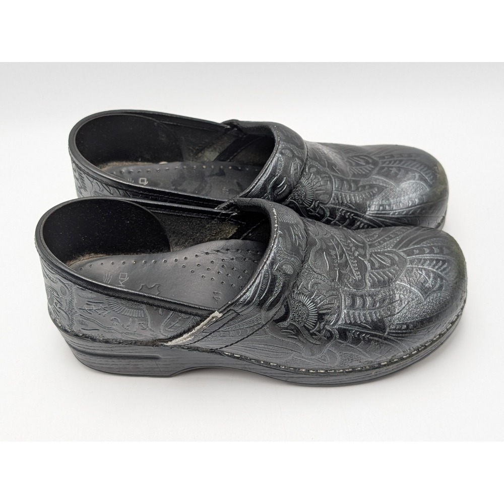 Dansko Clogs Women 41 Black Professional Embossed Floral Leather  Slip On‎